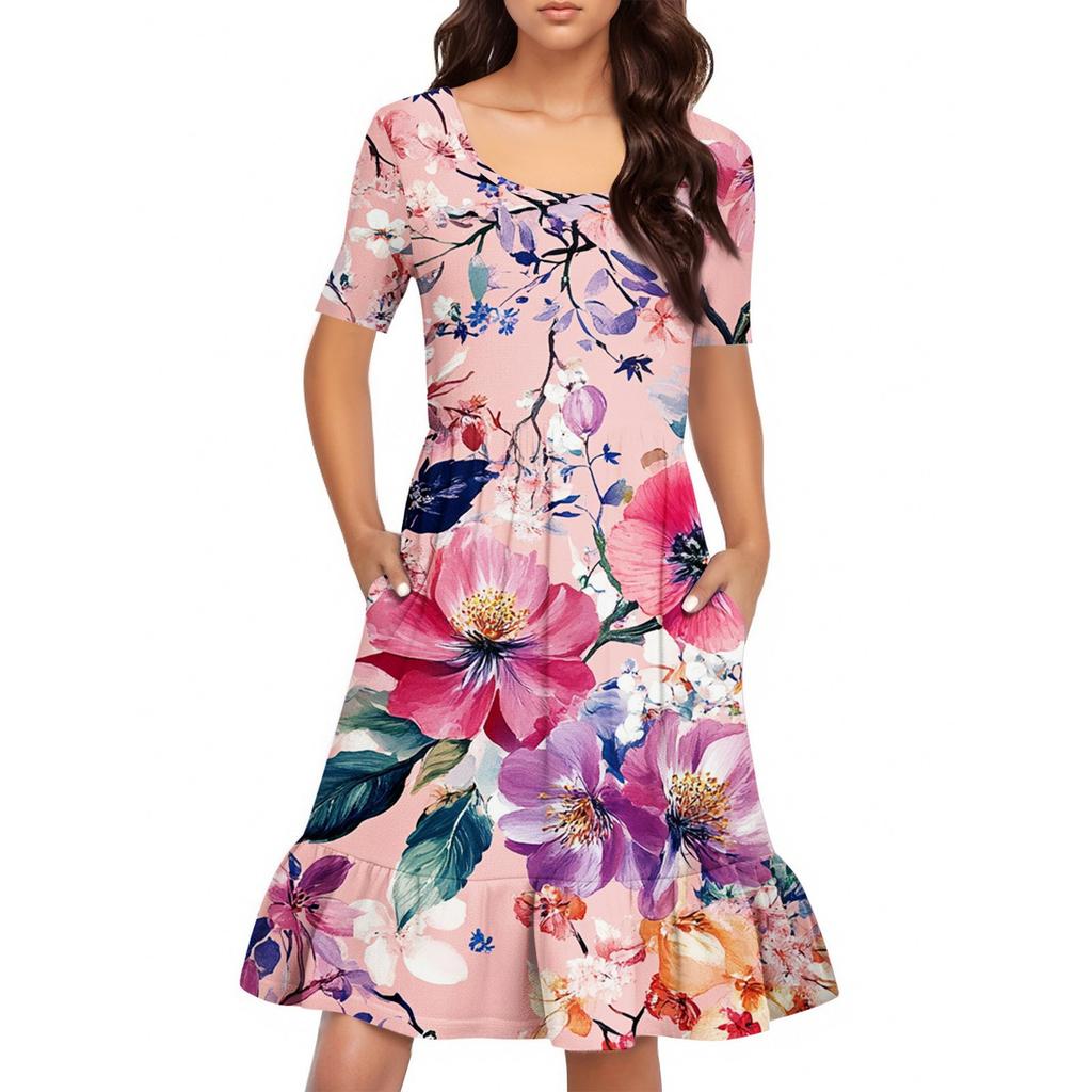 Damen Casual Rundhals Kurzarmkleid Lockeres Taillenplisseekleid Taillenplisseekleid