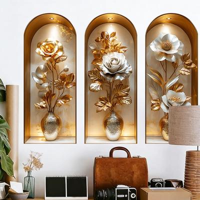 3 Pezzi Adesivi Murali Vaso 3D Arte Murale Fiore Vintage Autoadesivi Colorati Fiori in Fiore Decorazioni Murali per Camera da Letto Soggiorno