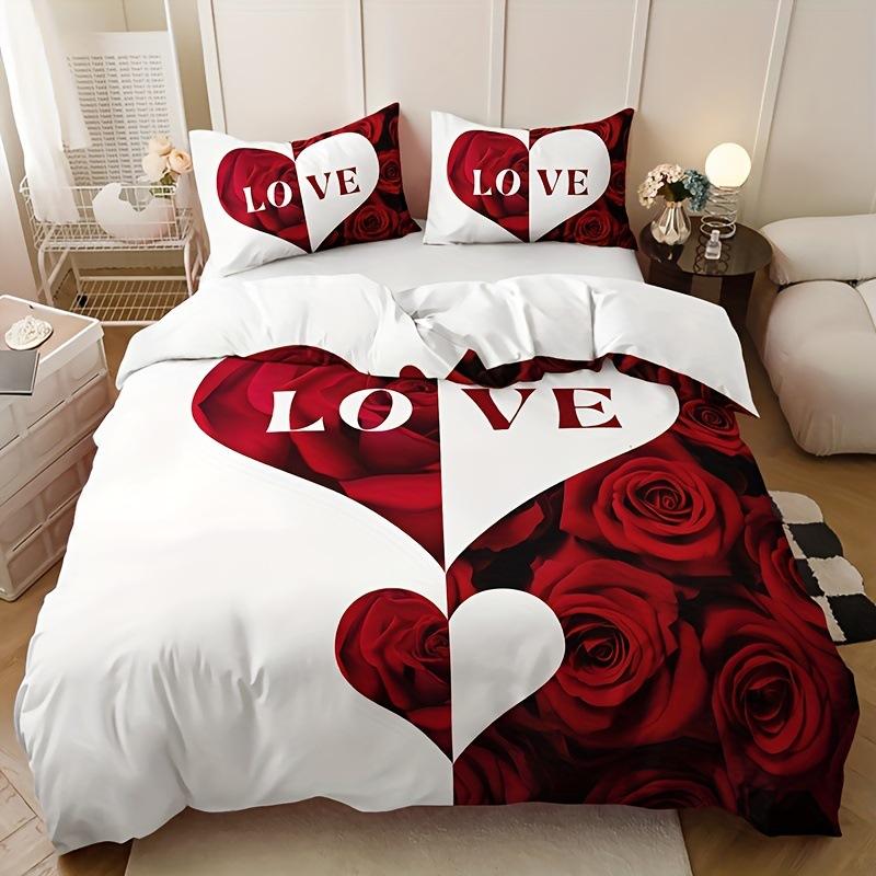 Red Rose Duvet Cover Set King Size, Red And White Comforter Cover Sets With Zipper Closure, Romantic Hearts Lover Bedding Set