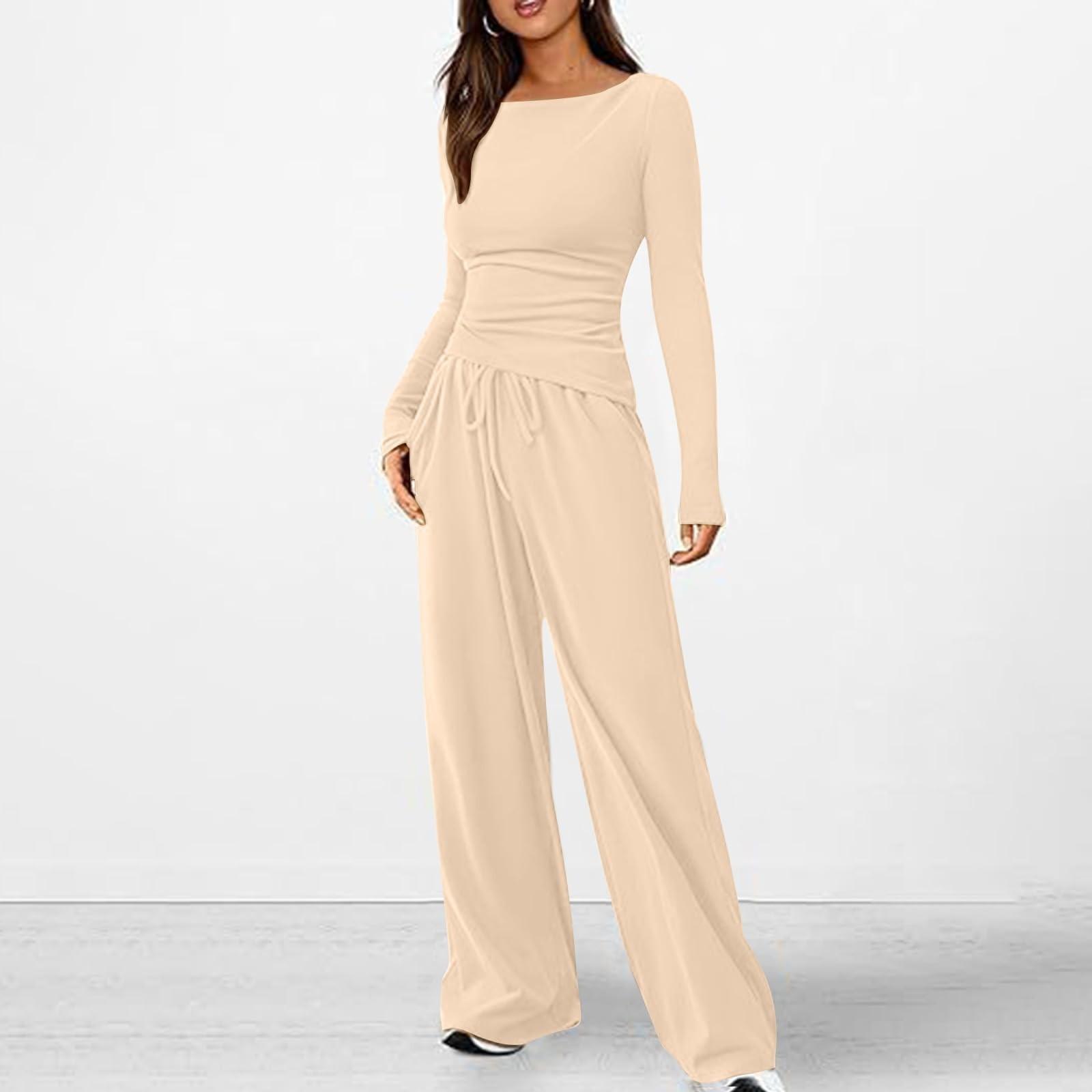 

Women s Fashion Solid Color Long Sleeve Casual Wide Leg Pants Two Piece Set L