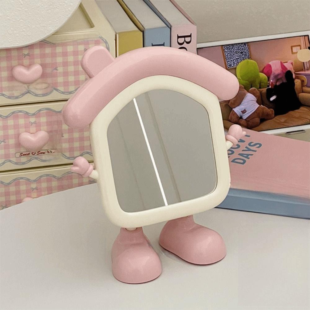 Adjustable Angle Cute Makeup Mirror Portable Cartoon House Mirror  Student Style 2 Pink