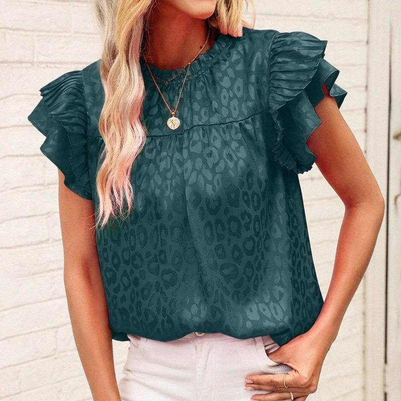 Summer New Fashion Leopard Printed Casual Shirts Women Summer Tops Flying Sleeve Slim Fit Casual Blouse for Women Elegant Solid Pullover Shirt 26626