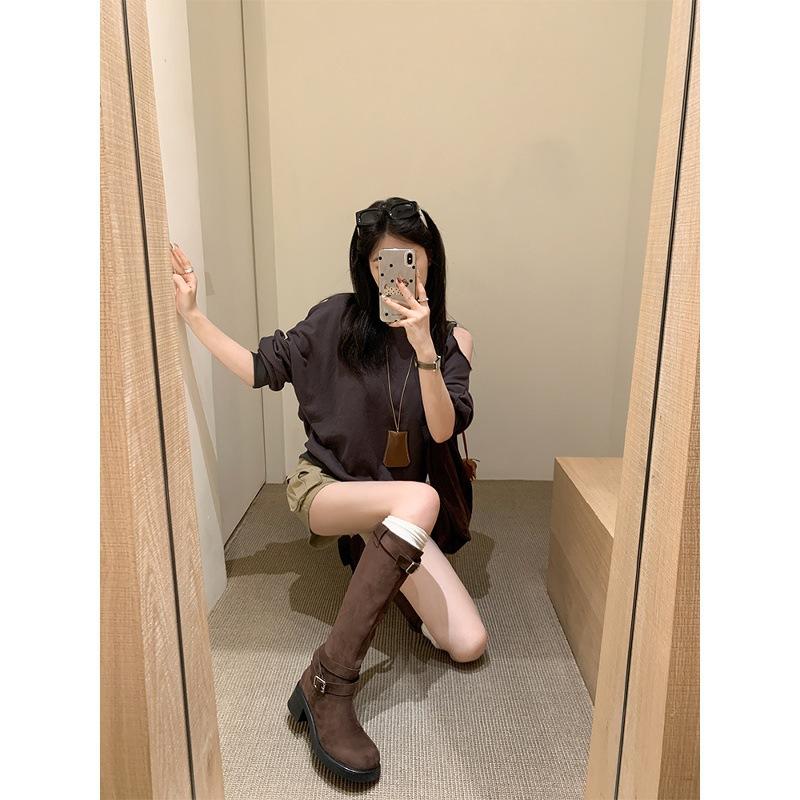 Cowhide Version~ Fold Two Pairs of Boots Pleated Thick Heel Western Boots Desert High Elastic Boots Women's Stacking Boots