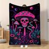 Gothic Mushroom Skull Pattern Flannel Throw Blanket Soft Lightweight Bed Sofa Cover, Aesthetic Psychedelic Floral Serpent Decorative Couch Bedding
