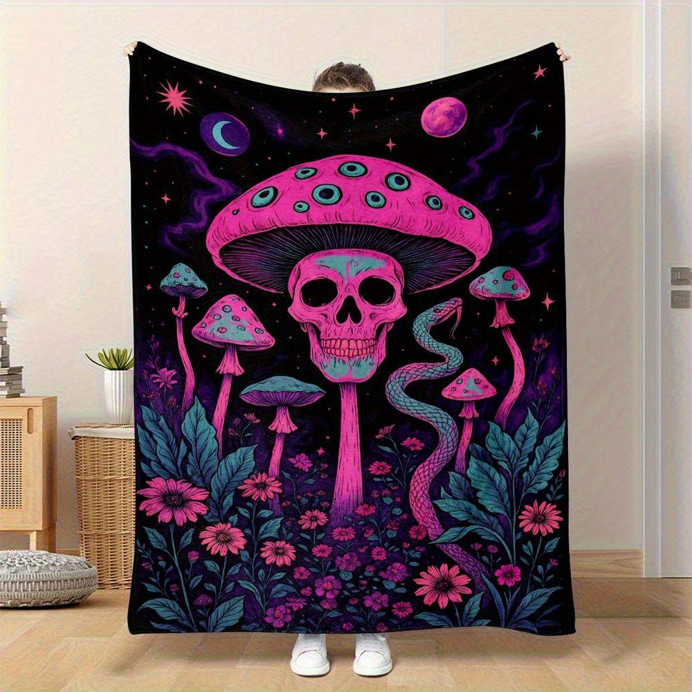 Gothic Mushroom Skull Pattern Flannel Throw Blanket Soft Lightweight Bed Sofa Cover, Aesthetic Psychedelic Floral Serpent Decorative Couch Bedding