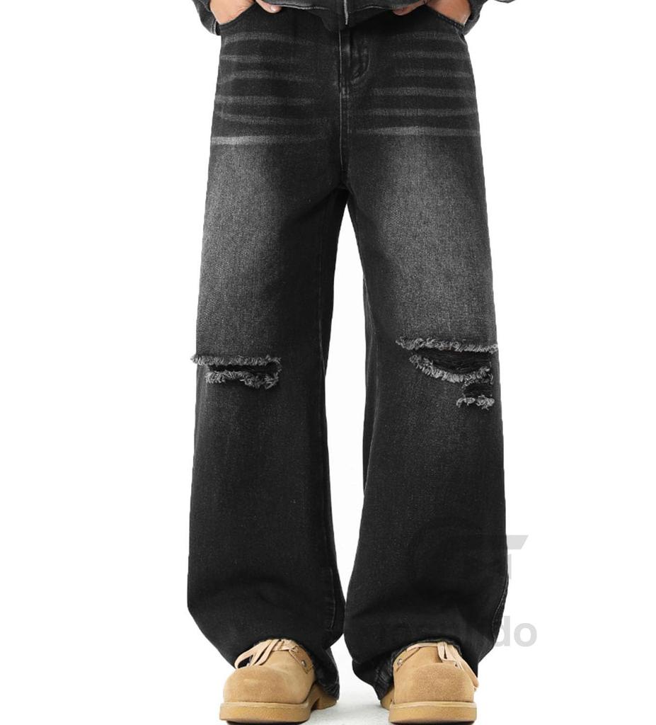 Denim Jeans with Distressed Straight Loose Available in Sizes Simple Stylish for and Winter Black [F fasnlido] Men's Wide-leg Fit, Fit, M-3XL, Design,