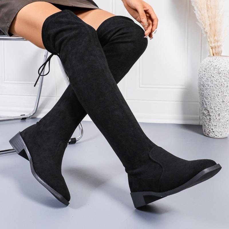 2024 Autumn Zipper Elastic Knee-high Boots for Women Tube Lace-up Thigh Gigh Boots Black Botas Faux Suede Female Heels Mujer
