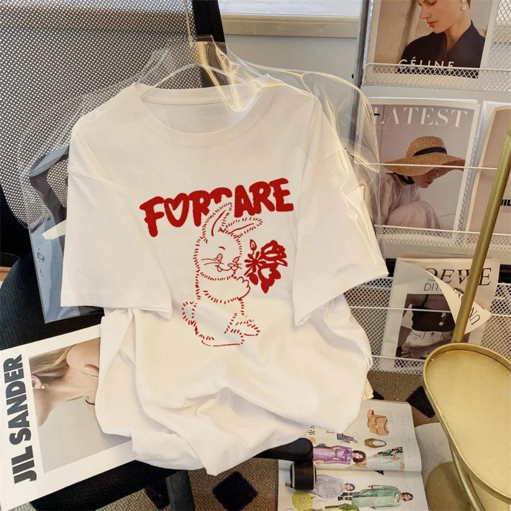 Female Manga Designer T-shirt Cartoon Print Pattern T-shirt Girl and Cute Casual Round Neck Minimalist Tourism Fashion Clothes