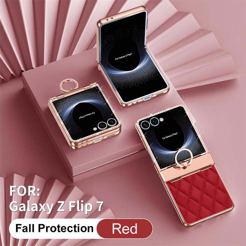 For Samsung Galaxy Z Flip7 5G PU Leather Plating Glitter Bling Diamond Ring Hinge Phone Case Screen Protect Film ShockproofCover