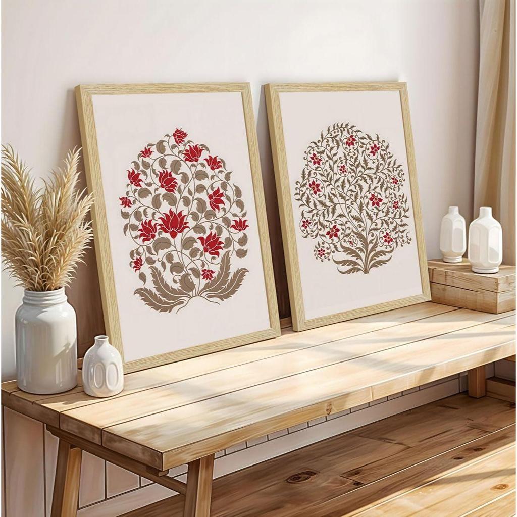ArtX Paper Madhubani Floral Paintings with Frame for Home Decor Wall Art, Wall Paintings for Living Room, Multicolor, Natural Wood Color Frames