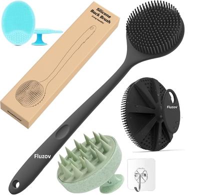 FLUZOV Soft Silicone Back Scrubber Long Handle Bath Brush + Body Scrubber Bath Brush + Scalp Massager for Hair + Face Scrubber Brush, Combination C