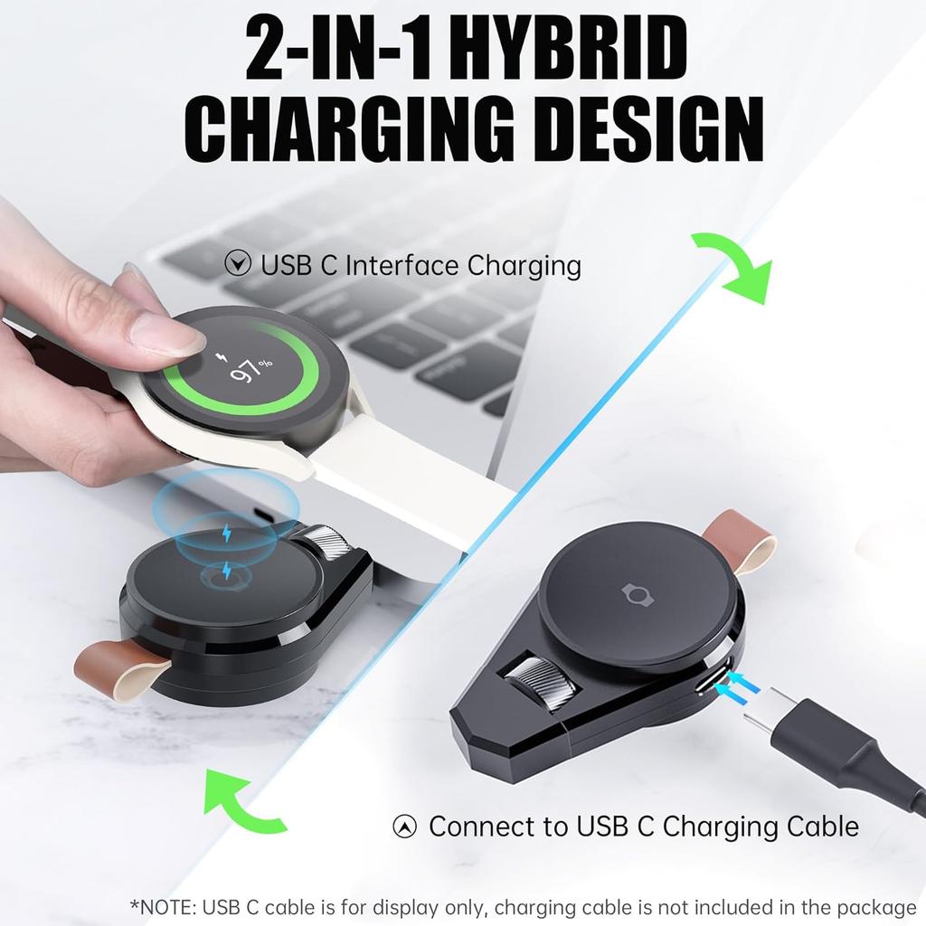 Portable Charger for Samsung Galaxy Watch7, 2in1 USB-C Travel Charger Compatible with Galaxy Watch Ultra/7/6/6 Classic/5 Pro/4/3, 90°Rotatable