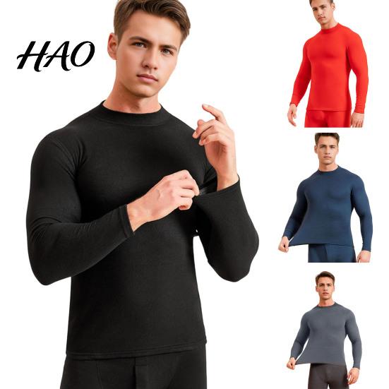 Comfortable Thermal Suit 2Pcs/Set Men Warm Outfit O-Neck Long Sleeve Top High Waist All-day Warmth Trousers Set Solid Color Slim Fit Breathable Bottom