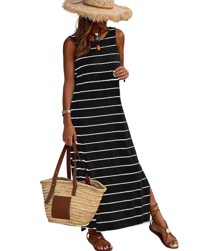 Azura Exchange Stripe Print Open Back Sleeveless Maxi Dress with Slits