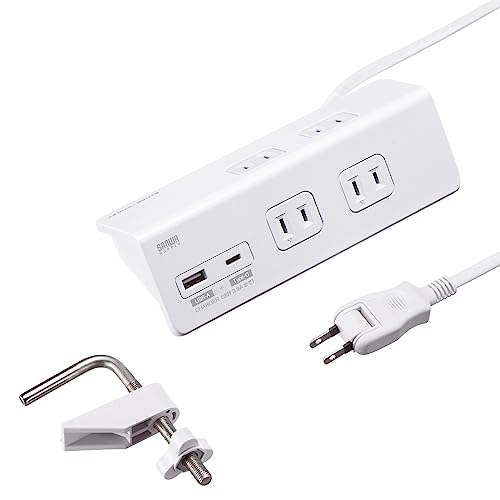 Sanwa Supply Power Strip, Clamp Type, 4 Outlets, 1 2-Pin USB A/1 Type-C Port, White, TAP-B105UC-3W