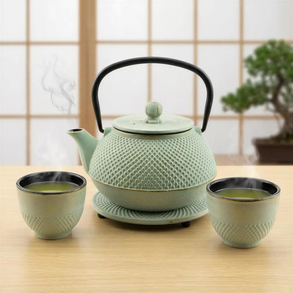 CAST IRON KETTLE POT MINT 0.8L SET 1x POT 2x CUPS WITH STAND