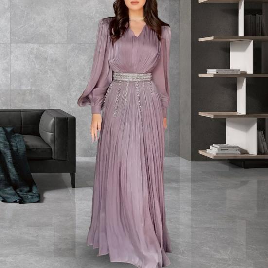 Rochie lungă de seară pentru femei, cu guler în V, cu mânecă lungă și bumbac, model midi, plisată, cu tiv lejer, fire subțiri