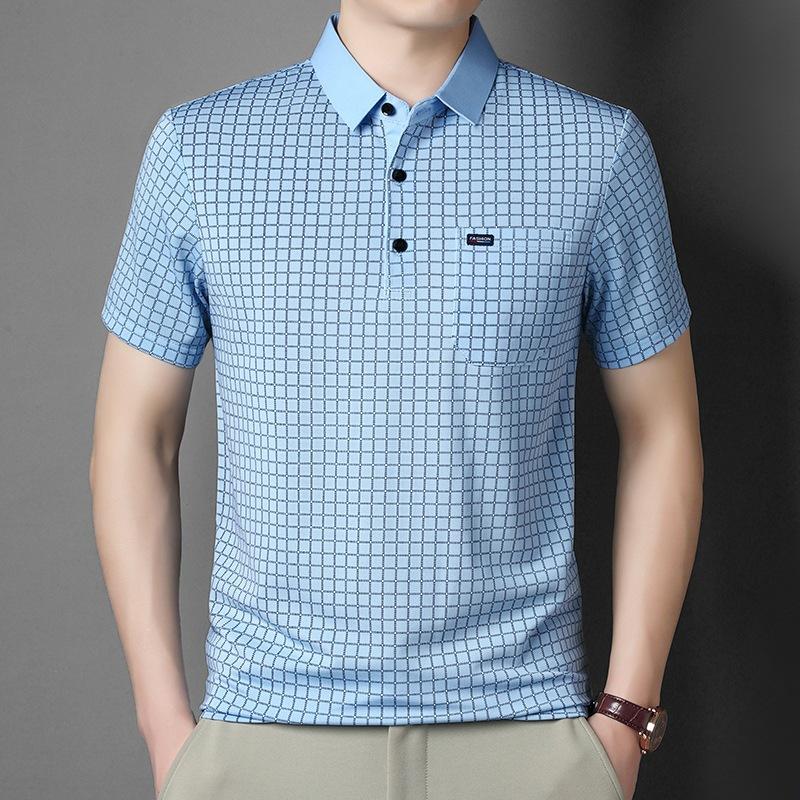 

Men s White Grid Print Short Sleeve Polo Shirt M синий