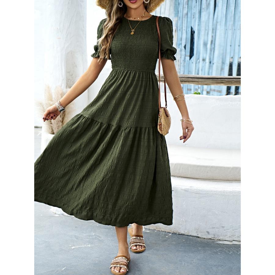 Casual Vacation Style Lotus Leaf Sleeve Cinched Waist Women's Long Dress 2025