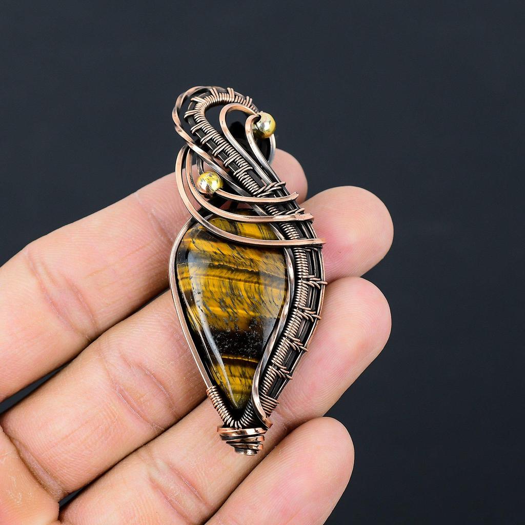 Tiger's Eye Gemstone Pure Copper Wire Wrapped Handmade Jewelry Pendant For Her