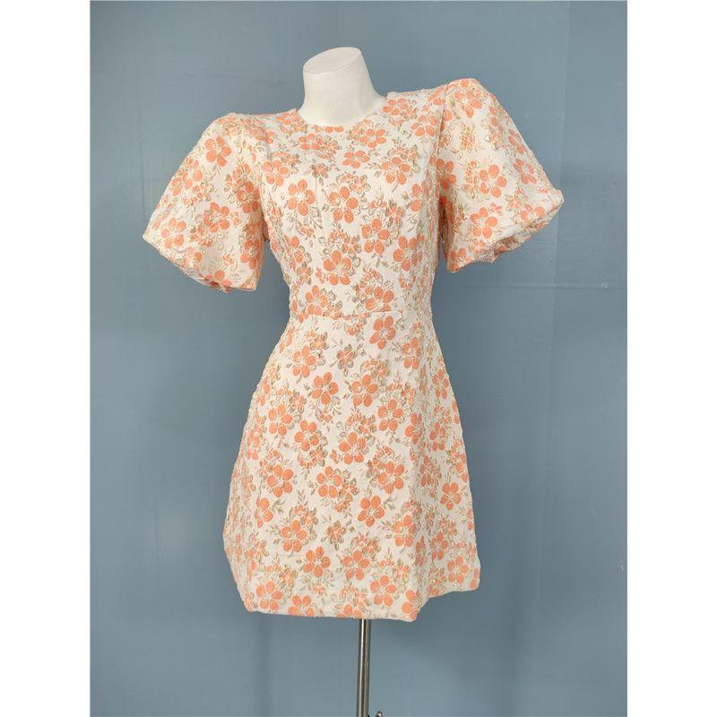 

Foreign Trade Order Lady Slimming Puff sleeve Bright Silk Thread Concave-Convex Personality Fashion A Word Big Hemline Lace-up Short Dress Orange pink M