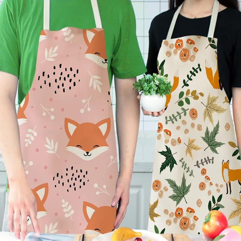 1Pcs Cute Fox Cat Pattern Apron, Waterproof Oil-proof Cotton Linen for Women Men Kids Kitchen