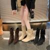Women's Chunky Heel Pointed Toe Vintage Brown Western Cowboy Ankle Boots, Autumn/Winter 2025, V-Mouth Plus Velvet.