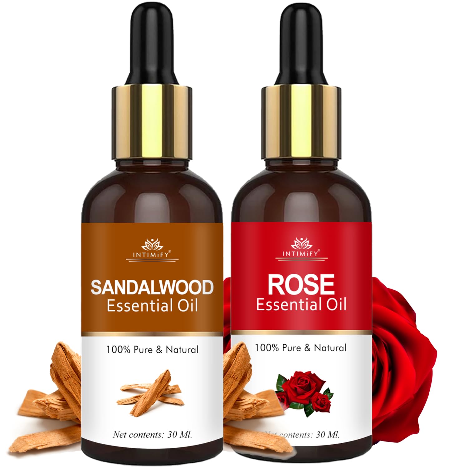

INTIMIFY Rose Essential Oil & Sandalwood Essential Oil (30 ml each) Combo Pack | For Face, Skin, Hair & Diffuser | For Women & Men