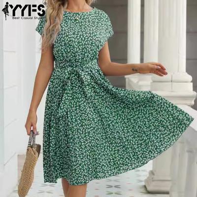 Vestiti casual da donna con stampa a fiori, a maniche corte, con scollo a V e vita alta, estivi e primaverili