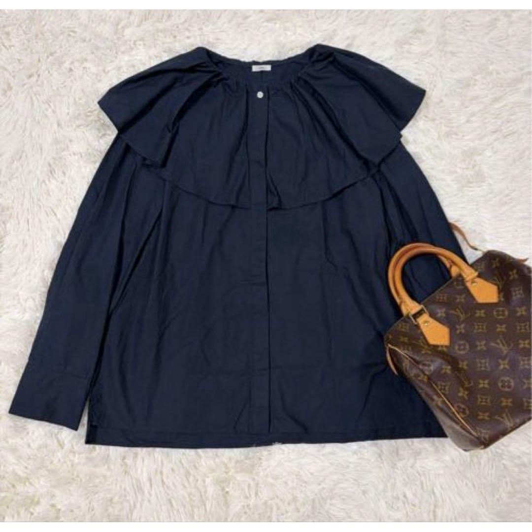 Good Condition IENA Frilled Long Sleeve Shirt Navy Occasion