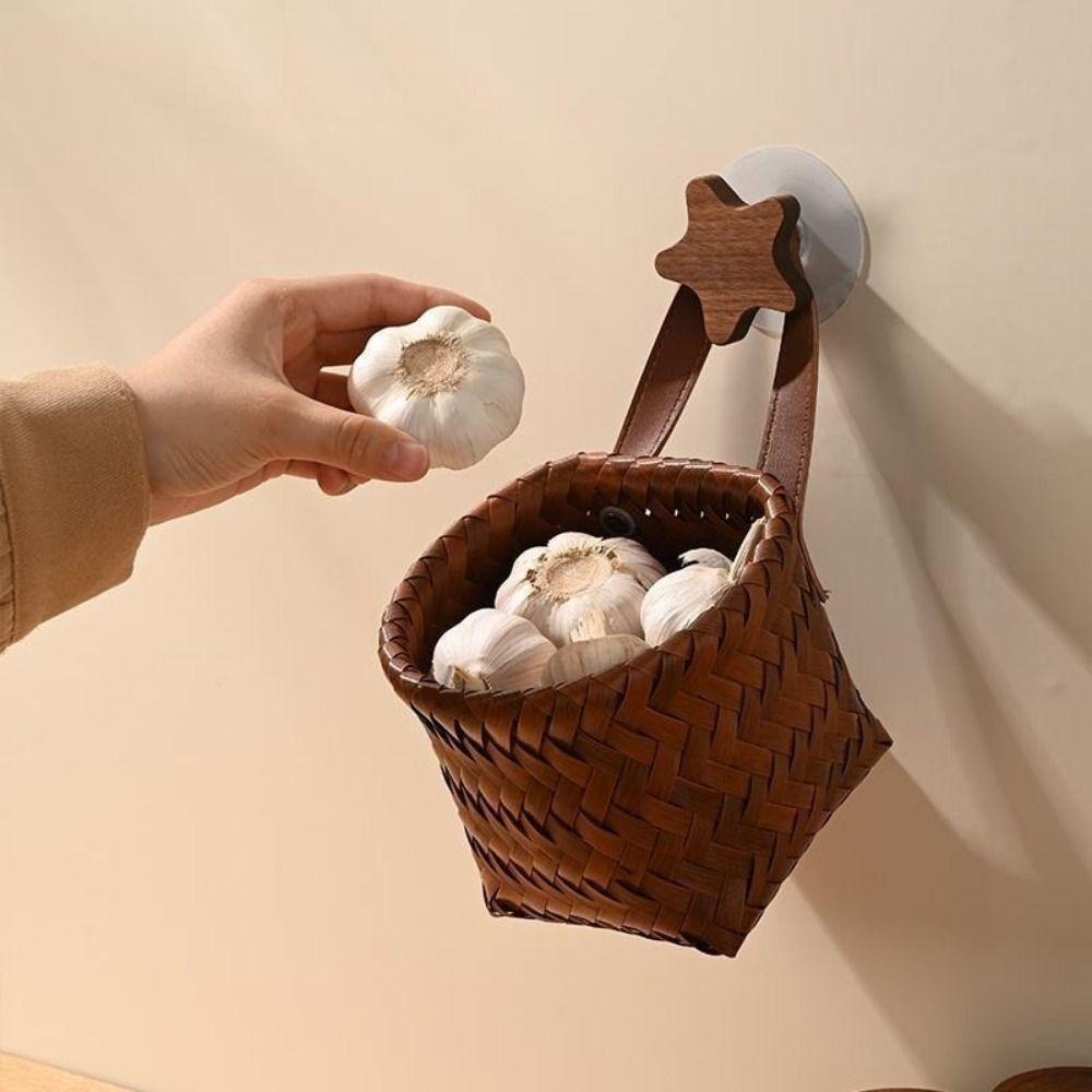 Hand-Woven Wall Hanging Basket Plastic Garlic Ginger Storage Basket  for Kitchen