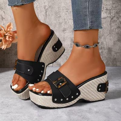 22 Large Size Summer New Thick Heel Buckle Metal Buckle Slippers with Beach Cool Slippers