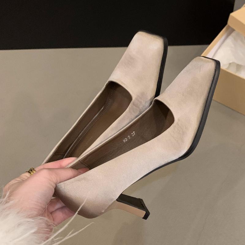 

Fashion Concise Square Toe Satin Pumps Women Fashion Shallow Strange Style Brand Designer Shoes Elegant Comfort Office Zapatos De Mujer 35 бежевый