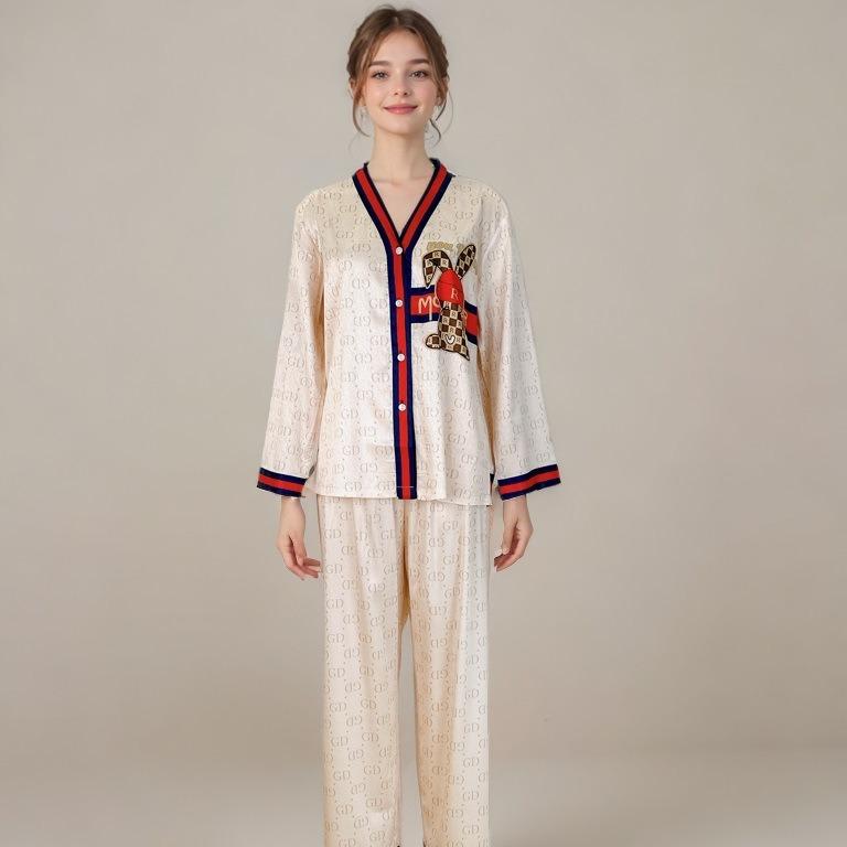 

Нежная и прохладная пижама из ледяного шелка с длинными рукавами, женский костюм с милым кроликом, свободная женская весенняя одежда для дома высокого класса XL бежевый