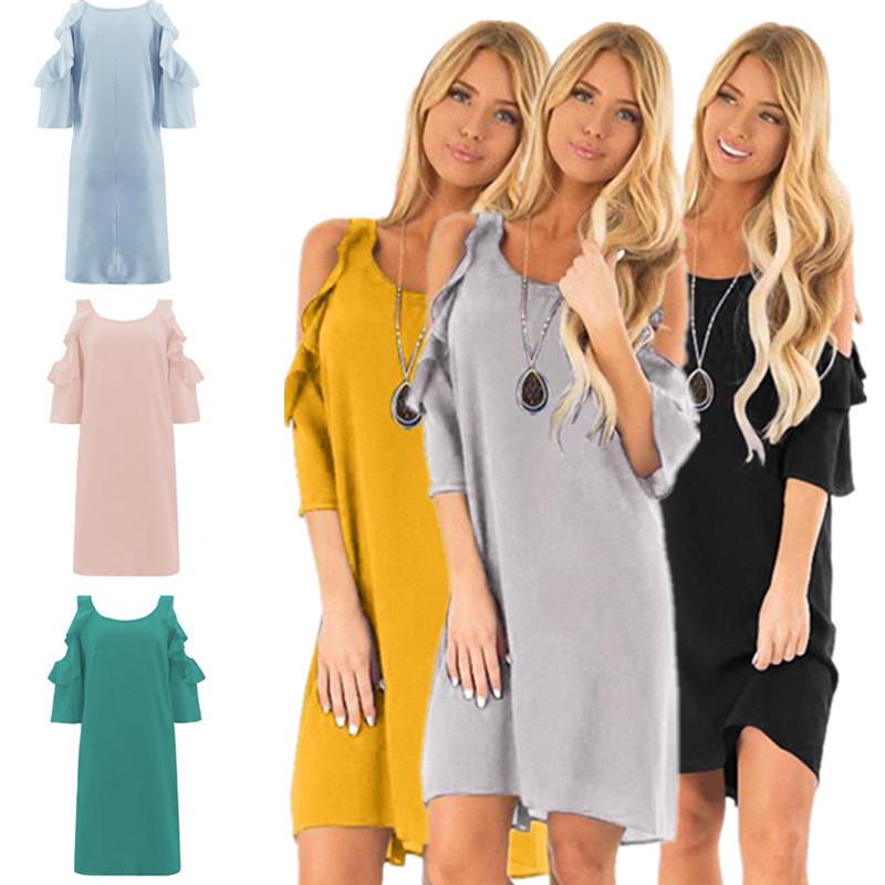 Buy Cold Shoulder Ruffles Dress Elegant Women Solid Color Short Sleeve ...