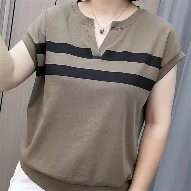Short-sleeved T-shirt Women's Top V-neck Loose Casual Middle-aged and Elderly Mothers Wear Thin Summer Age-reducing Base Shirt