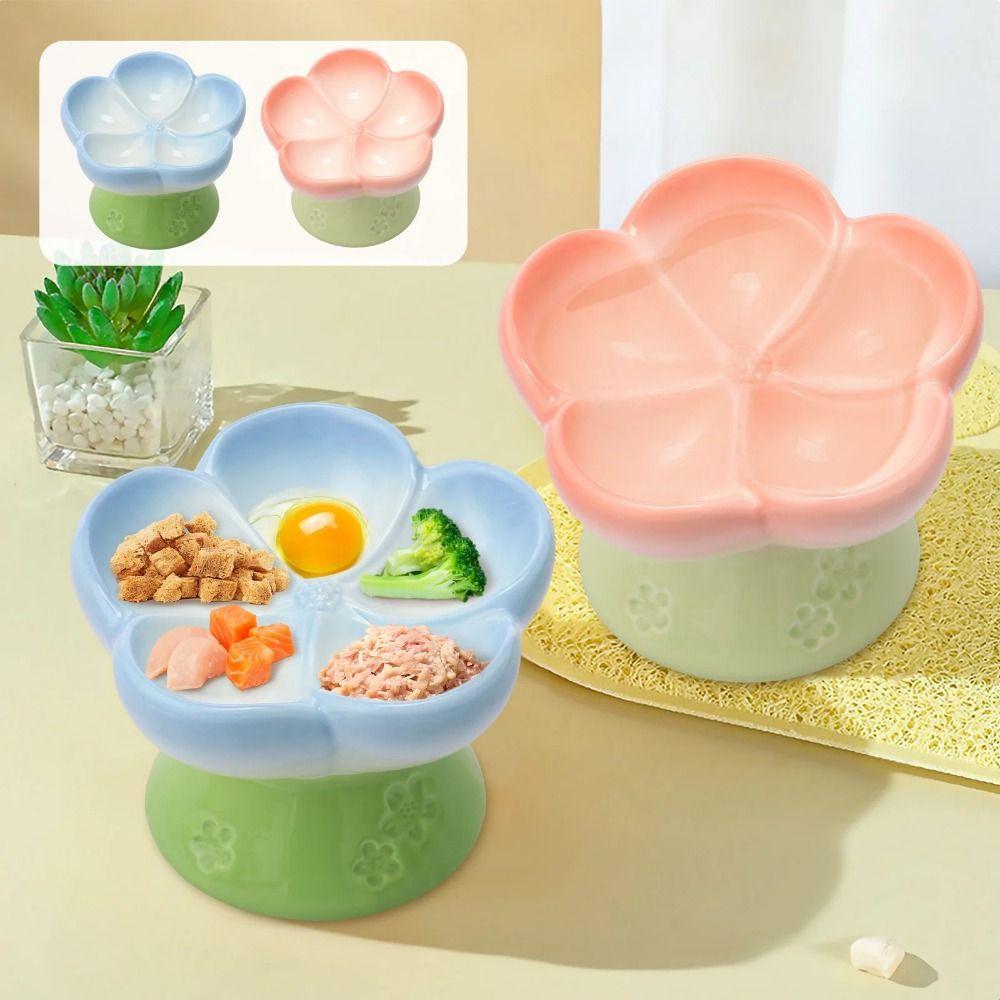 High Foot Raised Cat Feeder Flower Shape Ceramic Pets Dish Slow Feeder Cat Bowl  Puppy
