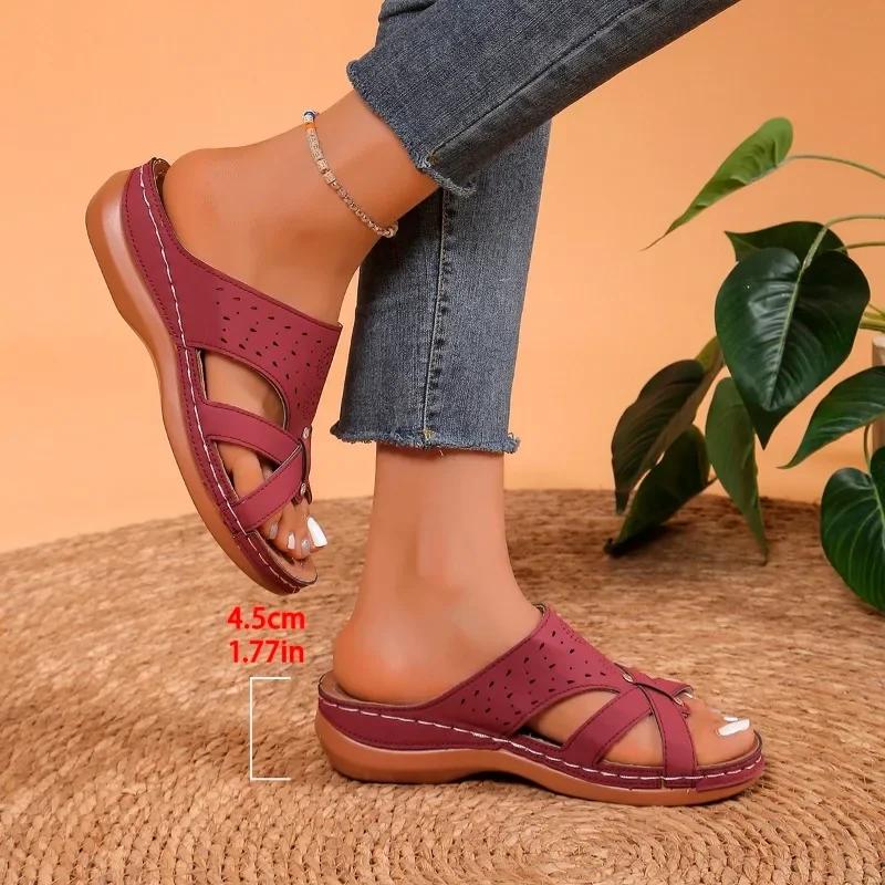 Fashion 2024 Hot Sale Shoes Female Open Toe Women Slippers Summer Rome Hollow Solid Outdoor Casual Beach Wedge Heel Large Size Slippers
