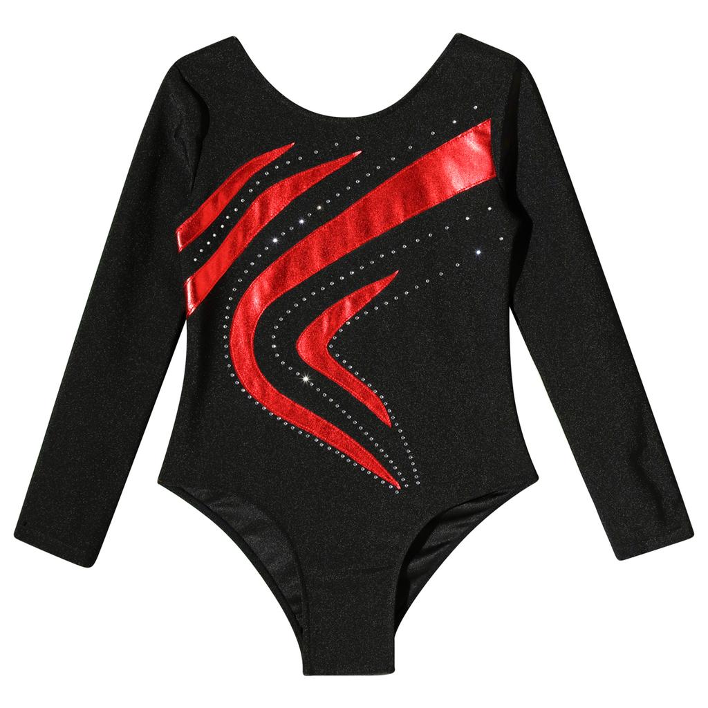 Kids Girls Dance Leotard: Shiny Rhinestone & Bronzing Cloth Patchwork Design, Slim Fit Long Sleeve Top for Ballet Class