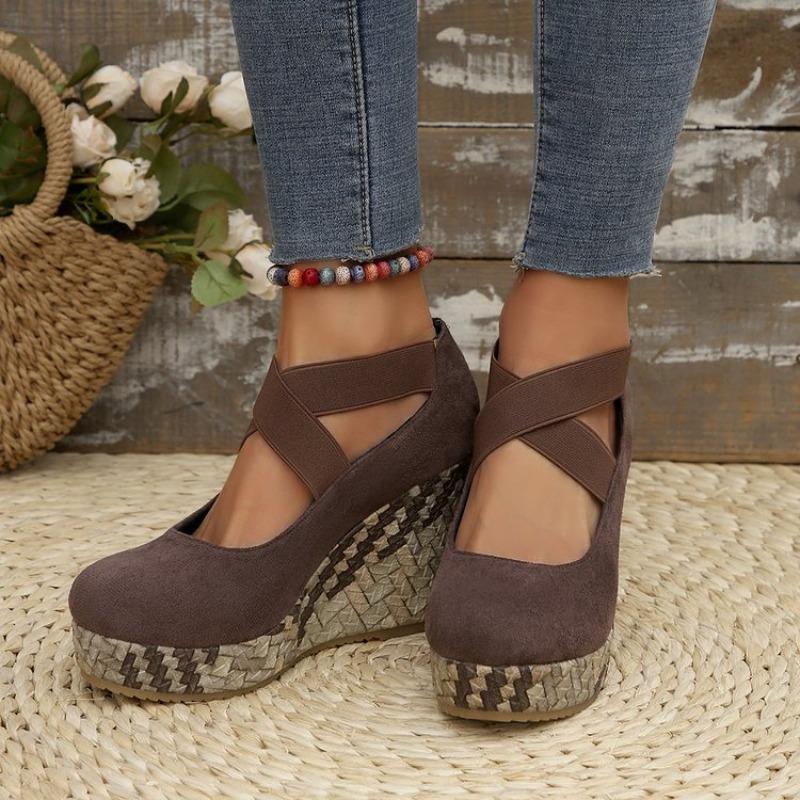 Fashion New Women's Wedges Shoes Spring Autumn Round Head Fashion Platform High Heels Cross with Single Shoes Straw Zapatos De Mujer