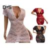 Women Night Dress See through Lace Sheath Skinny Thin Short Sleeve Low cut V Neck Flower Embroidery Pure Color Seductive Mini Nightgown