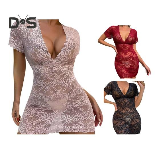 Women Night Dress See through Lace Sheath Skinny Thin Short Sleeve Low cut V Neck Flower Embroidery Pure Color Seductive Mini Nightgown