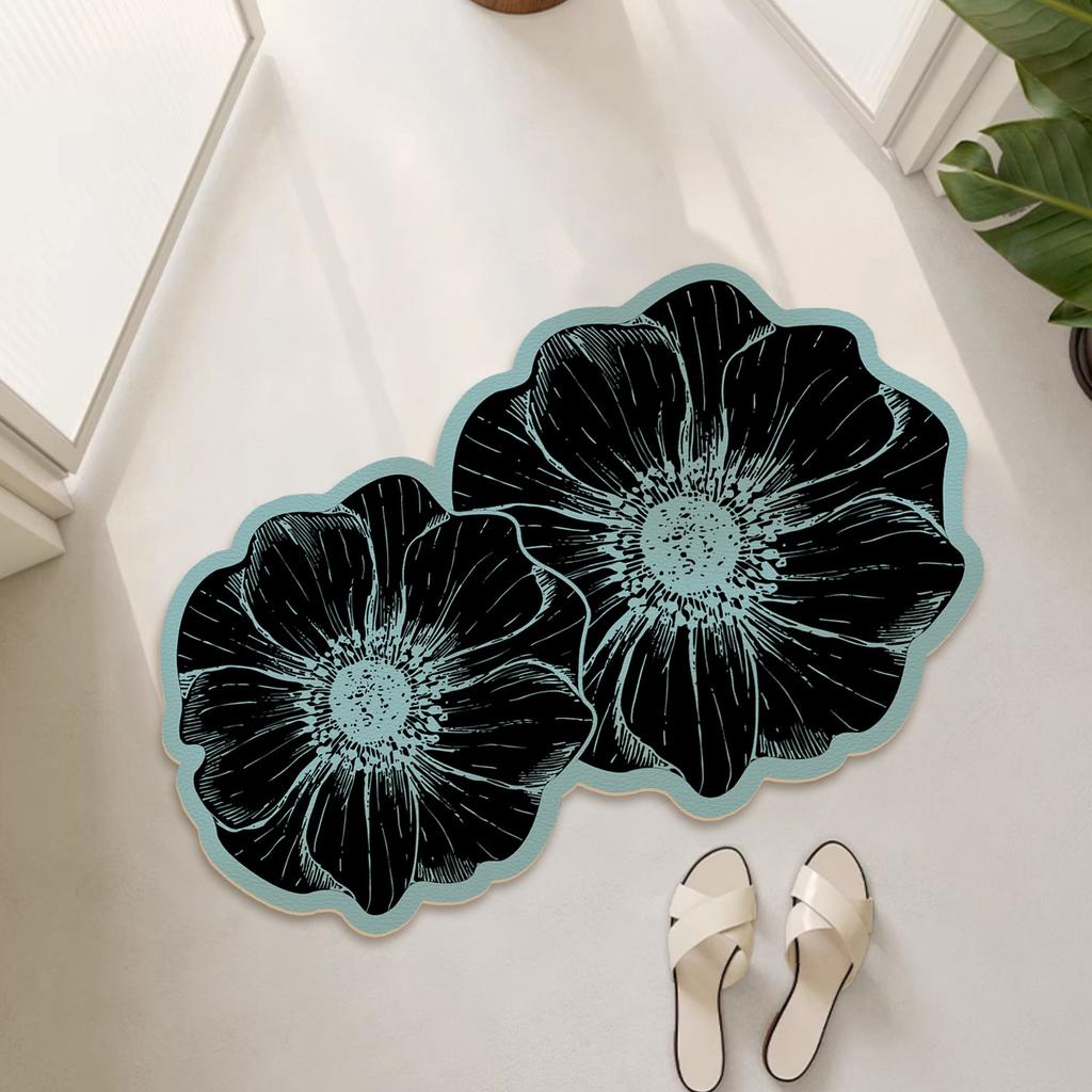 Rose Double Flower Luxury Absorbent Leather Floor Mat Non Slip Bathroom Entrance Mat Home Toilet Mat