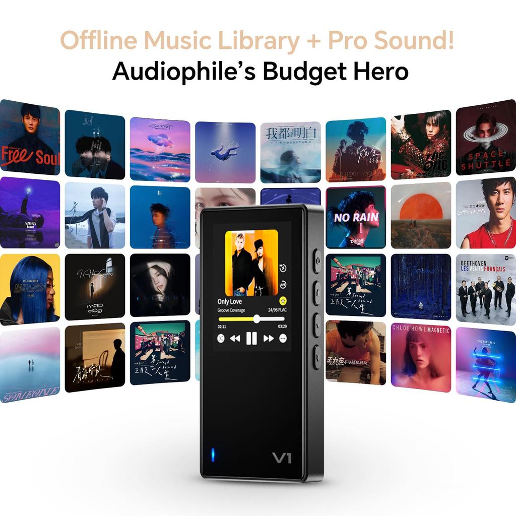 TempoTec Variations V1 Portable HiFi Music Player, Two-Way Bluetooth 5.1 Digital Audio Player with 4.4mm & 3.5mm Headphone Jacks and Black Back Clip