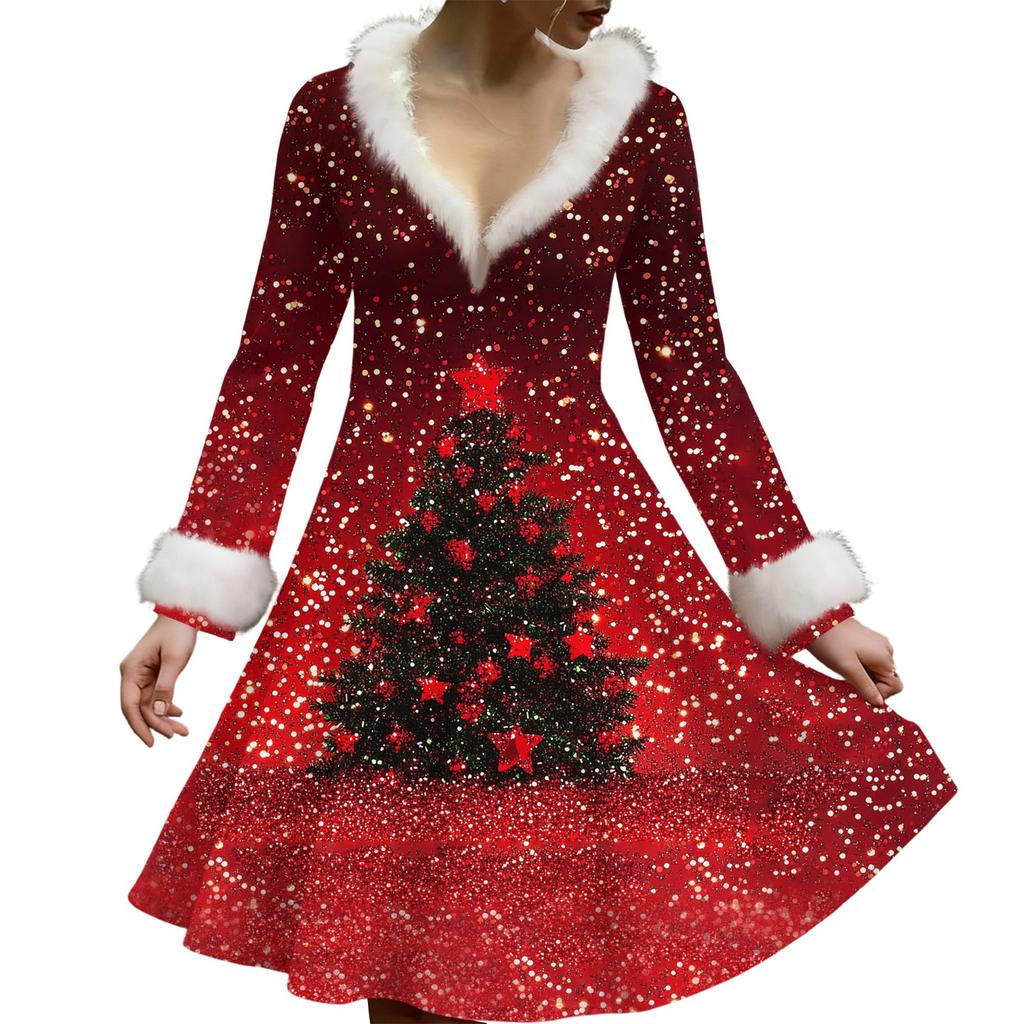 Women's Casual V-neck Christmas Print Plush Long-Sleeve Casual Dress