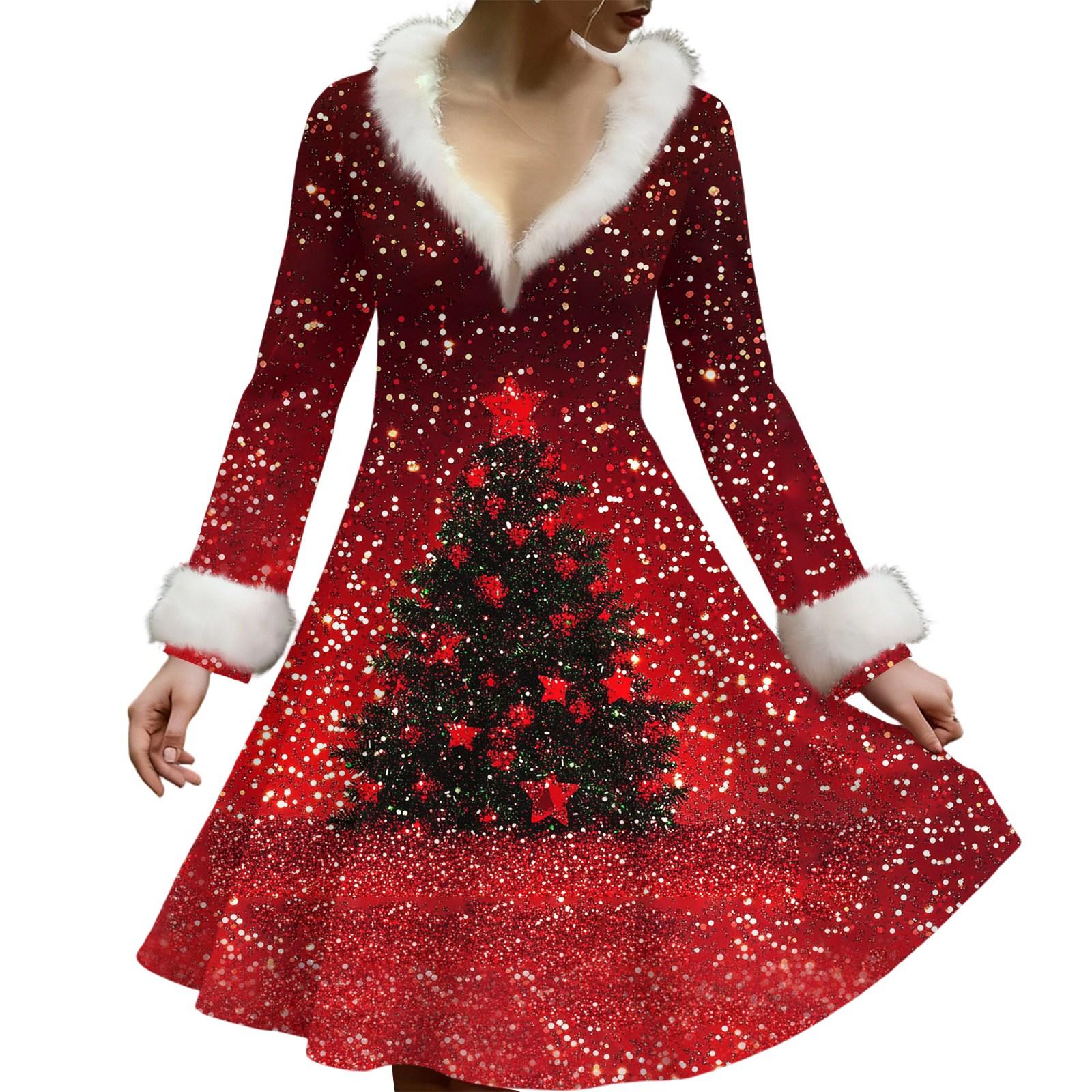 

Women s Casual V-neck Christmas Print Plush Long-Sleeve Casual Dress S червоний