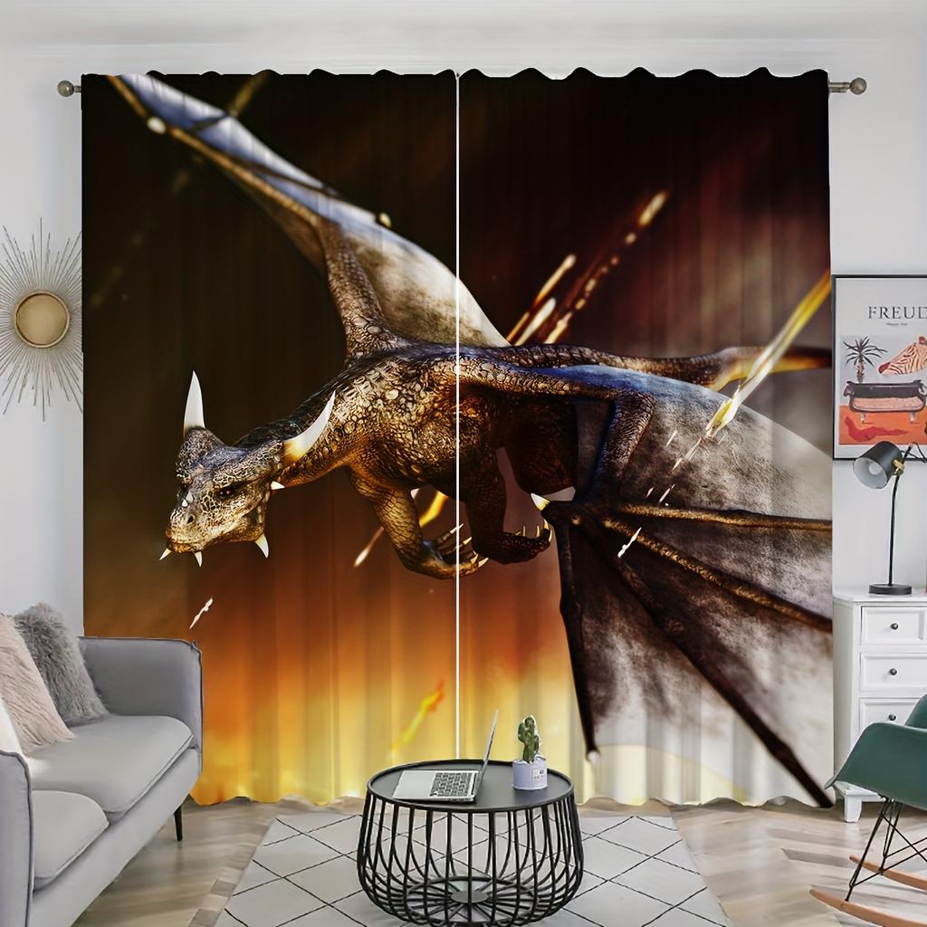 2panels Dragon Print Curtains Rod Pocket Curtain For Restaurants Living Rooms Bedrooms Offices Study Rooms Home Decoration