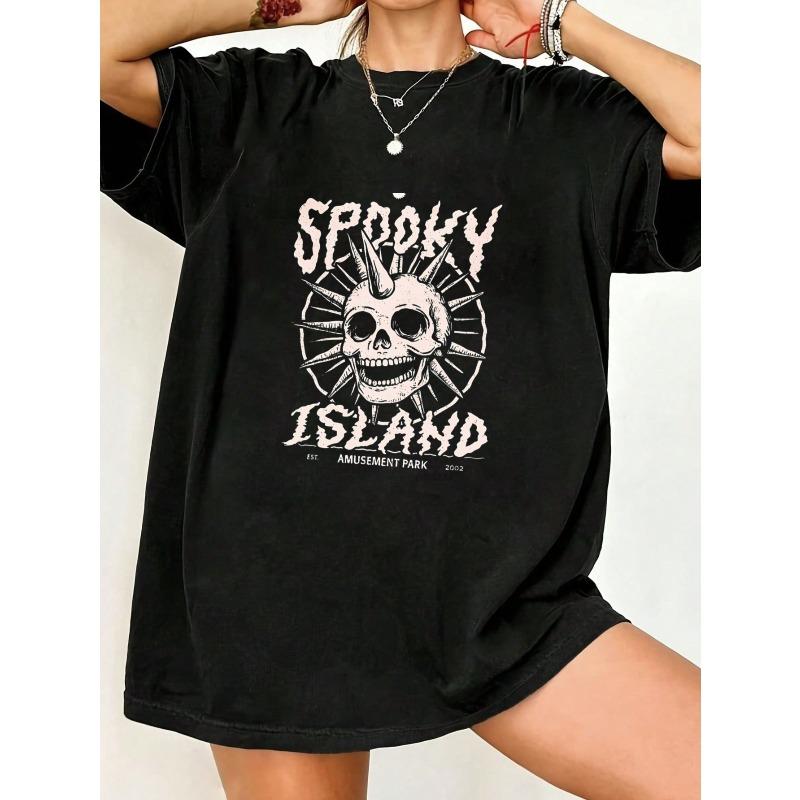 Oversized T-Shirt Black Spooky Island Skull And Sunburst Graphic Print Amusement Park Theme Halloween Party Wear