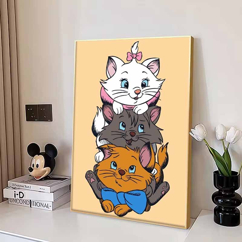 Disney Diamond Painting 5D The Adventures of the Cats Three Kittens Stacking Illustration DIY Gift Suitable for Living Room Bedroomofficeandhomedécor