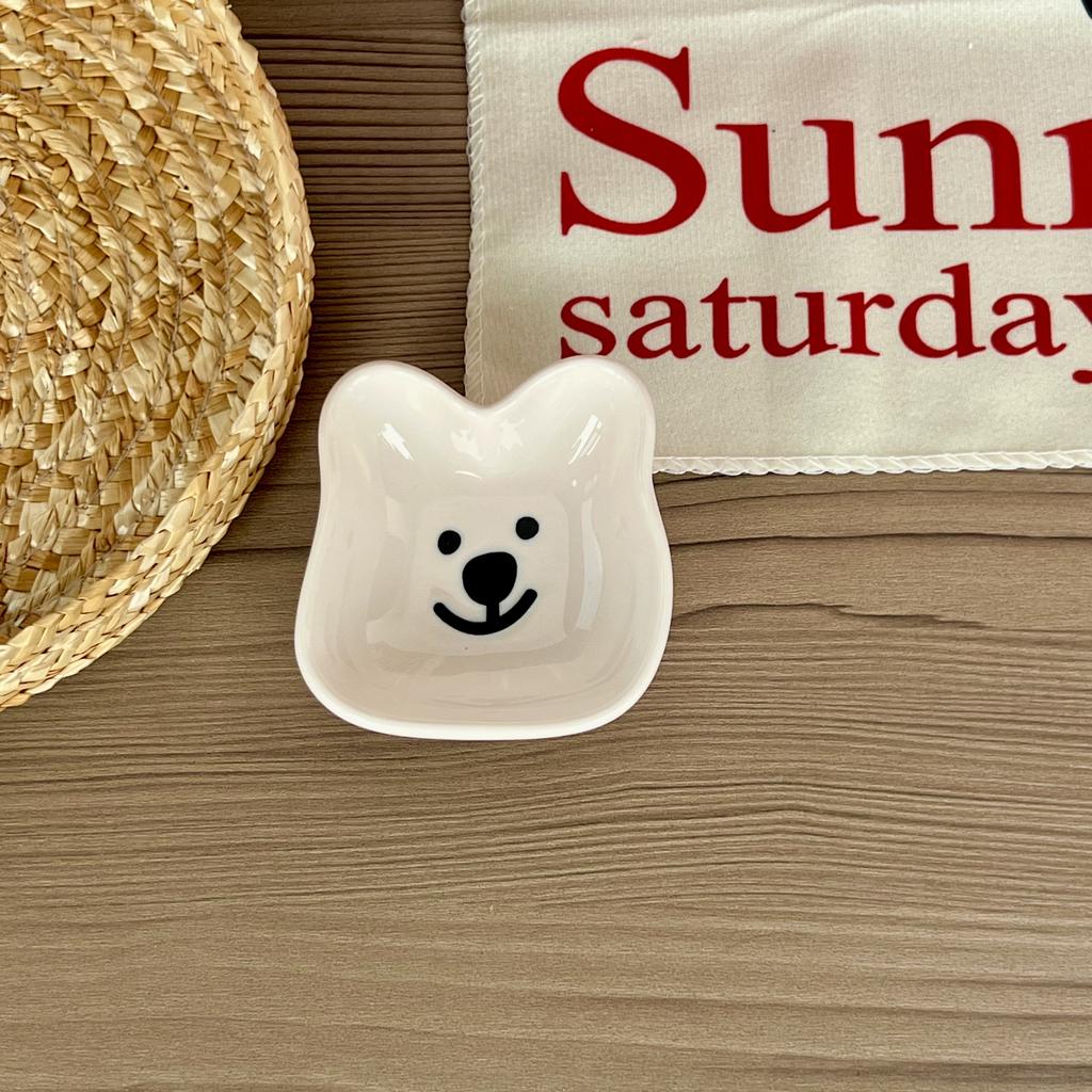 Adorable Ceramic Sauce Dish with Cute Dog & Bear Design - Single/Double Compartment Dip Bowl for Condiments, Snacks, Sushi, Soy